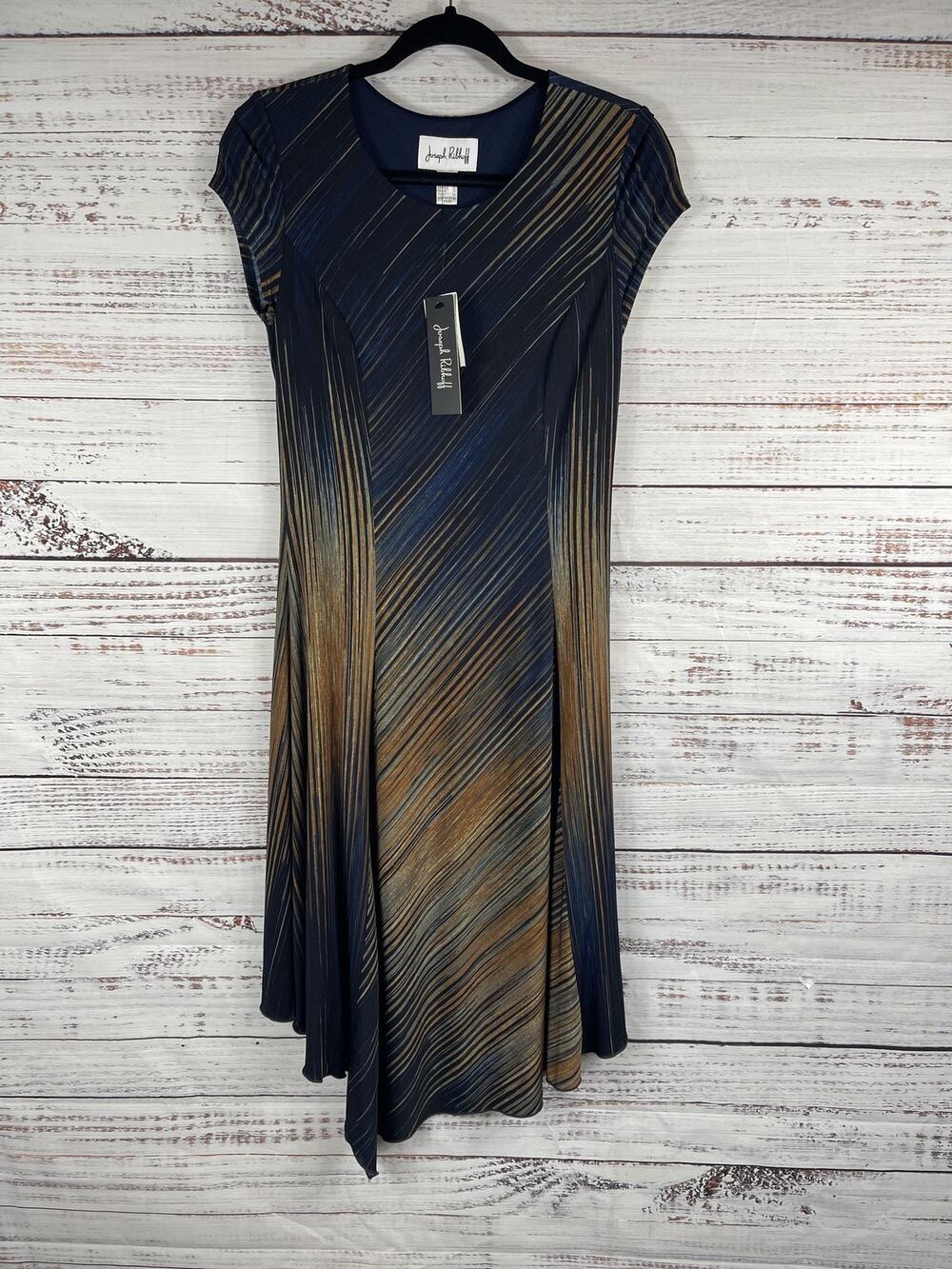 Joseph Ribkoff Dress Women's 6 Navy Cognac Cap Sleeve Asymmetrical Hem X73794